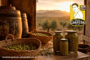Almacén tradicional de Olives GARCÍA de aceitunas con olivar valenciano al fondo al atardecer