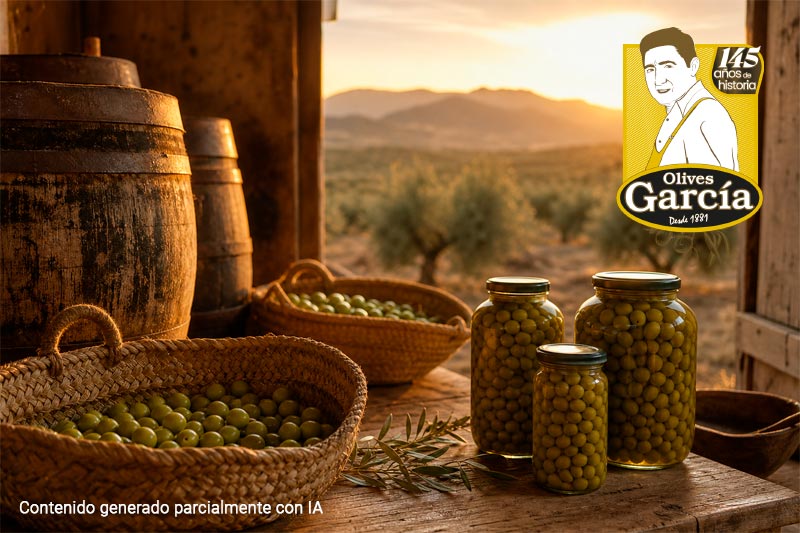 Almacén tradicional de Olives GARCÍA de aceitunas con olivar valenciano al fondo al atardecer