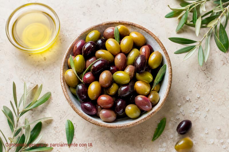 Cuenco de aceitunas verdes y negras de Olives García con aceite de oliva y ramitas de olivo, símbolo de alimentación saludable