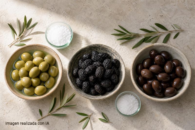 Tres cuencos con aceitunas de mesa mostrando los métodos de curado sevillano, griego y californiano