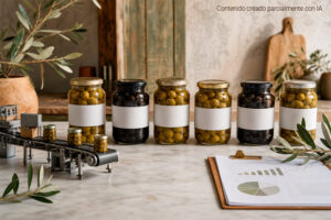 Botes de aceitunas con etiquetas neutras representando fabricación de marca blanca por Olives GARCÍA