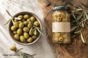 Aceitunas verdes frescas en salmuera junto a un tarro de aceitunas deshuesadas pasteurizadas, comparativa visual del proceso de elaboración